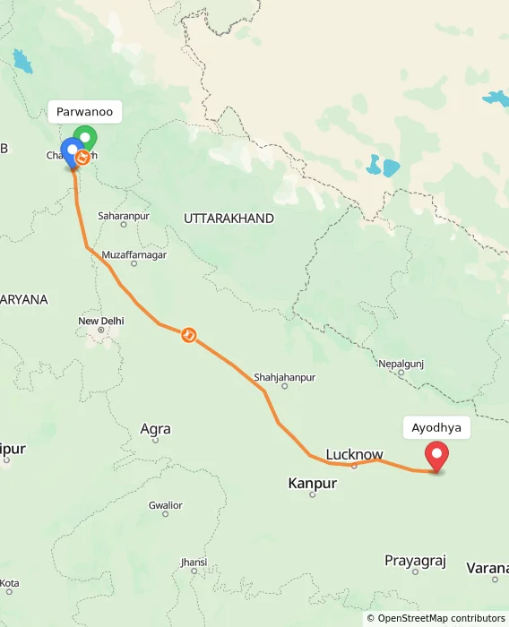 Route map showing distance and travel time from Parwanoo, India to Ayodhya, India
