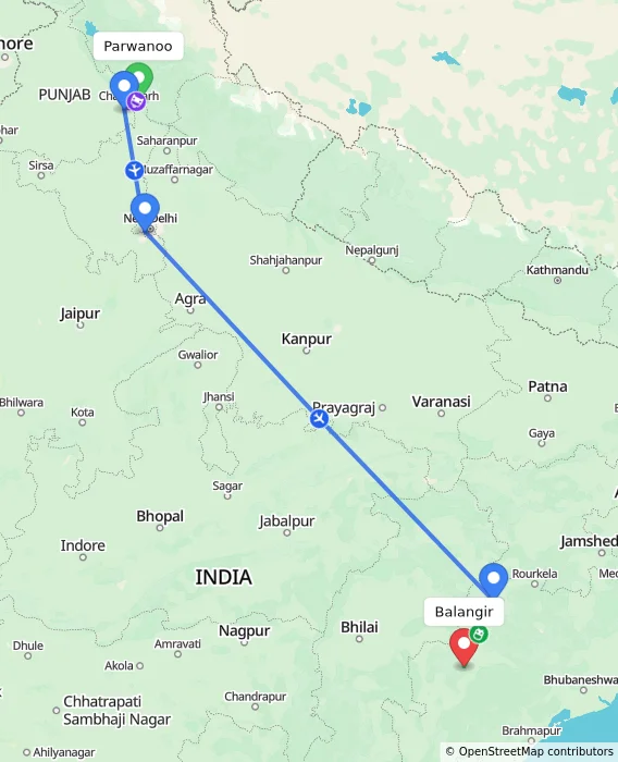 Route map showing distance and travel time from Parwanoo, India to Balangir, India