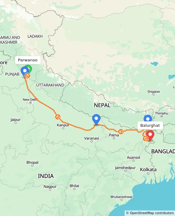 Route map showing distance and travel time from Parwanoo, India to Balurghat, India