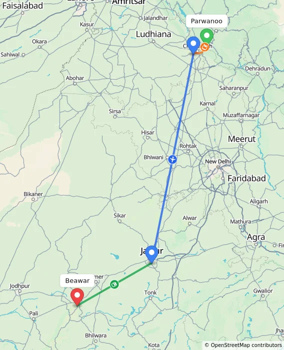 Route map showing distance and travel time from Parwanoo, India to Beawar, India