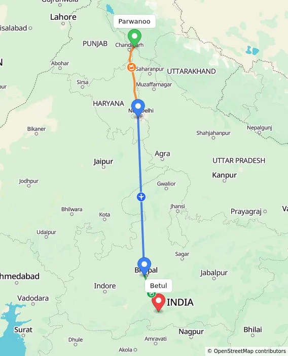 Route map showing distance and travel time from Parwanoo, India to Betul, India