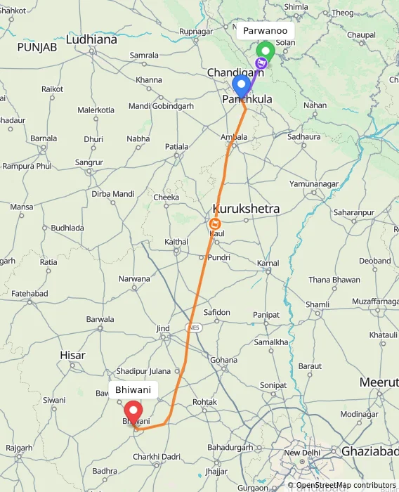 Route map showing distance and travel time from Parwanoo, India to Bhiwani, India