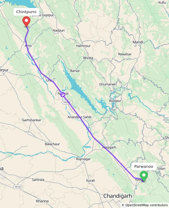 Route map showing distance and travel time from Parwanoo, India to Chintpurni, India