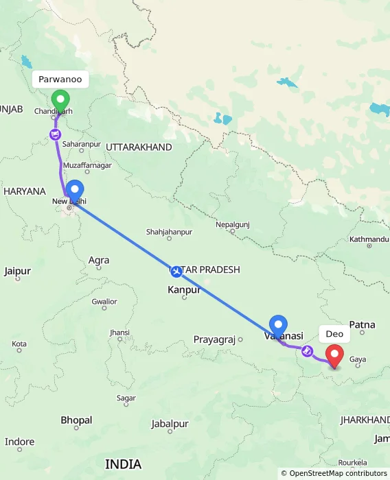 Route map showing distance and travel time from Parwanoo, India to Deo, India