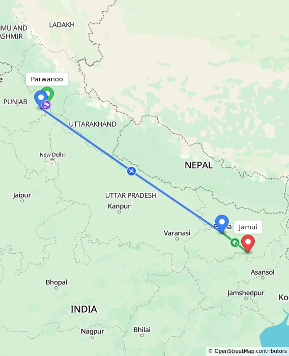 Route map showing distance and travel time from Parwanoo, India to Jamui, India