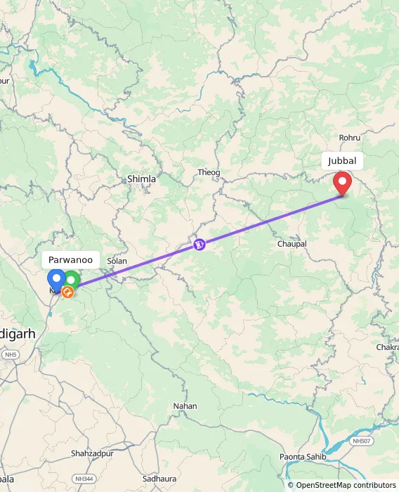 Route map showing distance and travel time from Parwanoo, India to Jubbal, India