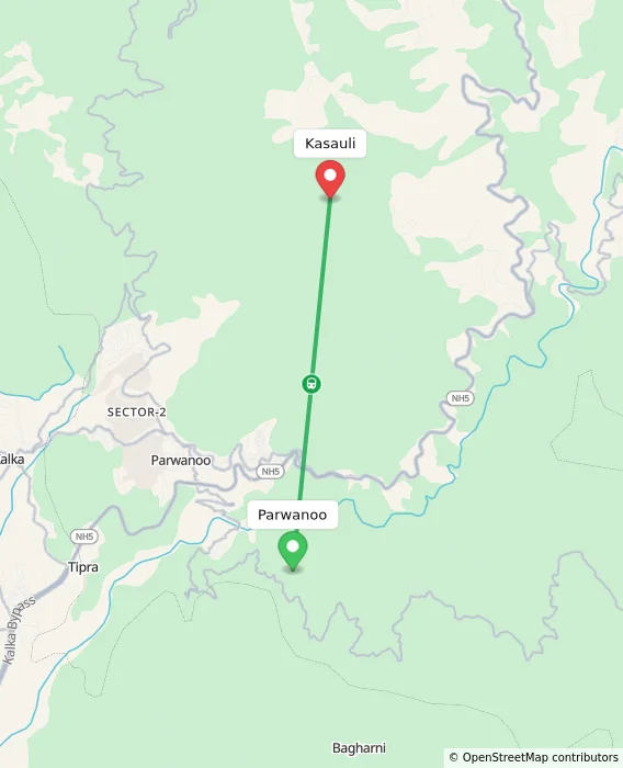 Route map showing distance and travel time from Parwanoo, India to Kasauli, India