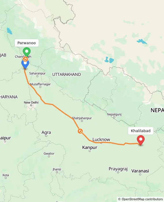 Route map showing distance and travel time from Parwanoo, India to Khalilabad, India