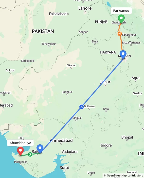 Route map showing distance and travel time from Parwanoo, India to Khambhaliya, India