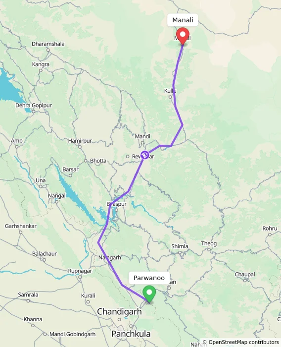 Route map showing distance and travel time from Parwanoo, India to Manali, India