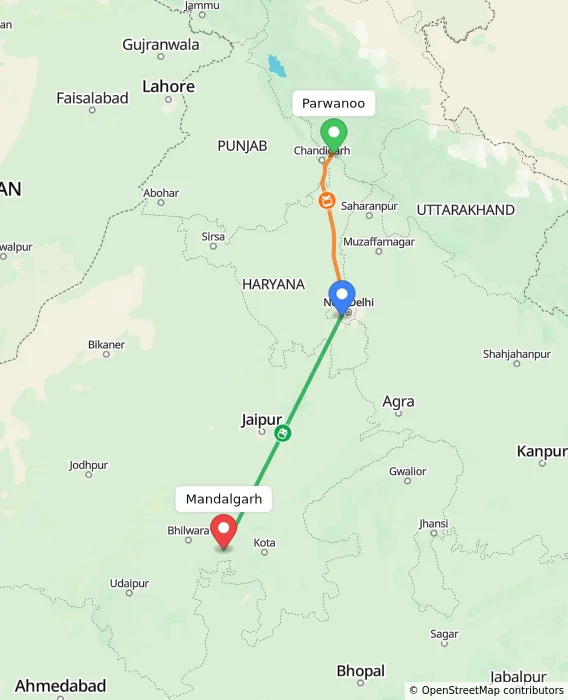 Route map showing distance and travel time from Parwanoo, India to Mandalgarh, India