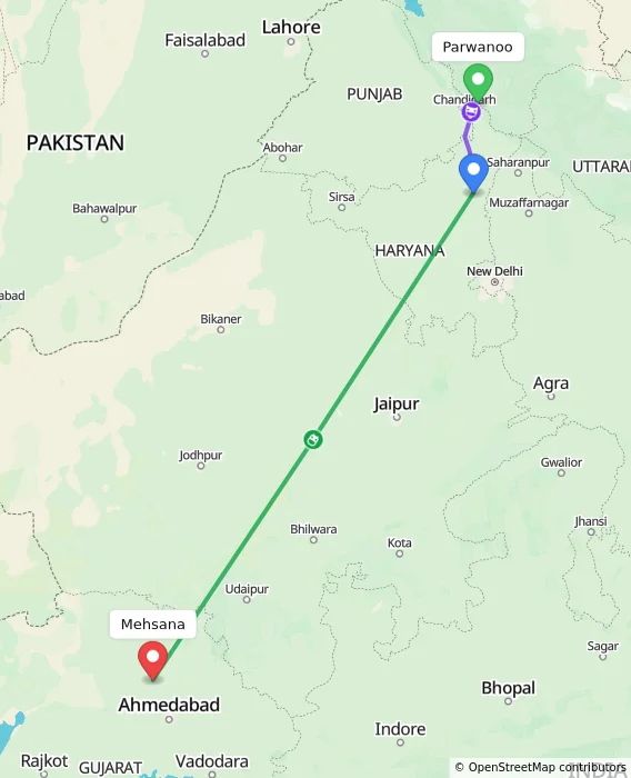 Route map showing distance and travel time from Parwanoo, India to Mehsana, India