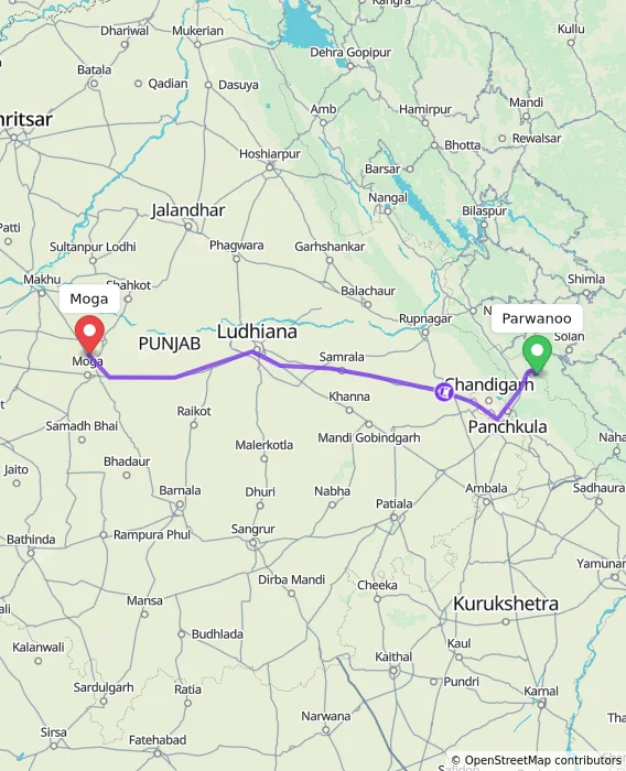 Route map showing distance and travel time from Parwanoo, India to Moga, India