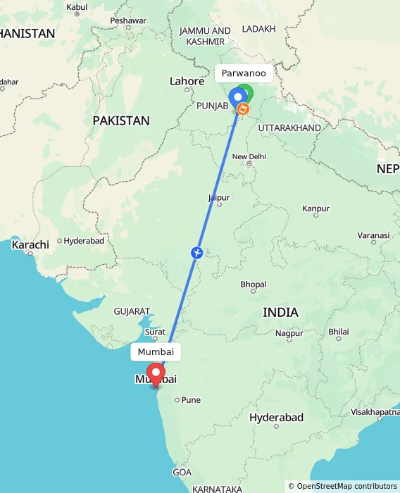 Route map showing distance and travel time from Parwanoo, India to Mumbai, India