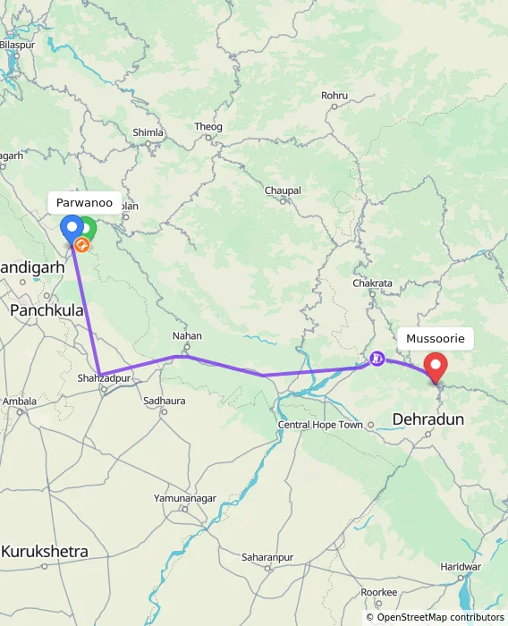 Route map showing distance and travel time from Parwanoo, India to Mussoorie, India