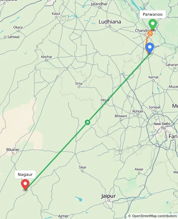 Route map showing distance and travel time from Parwanoo, India to Nagaur, India