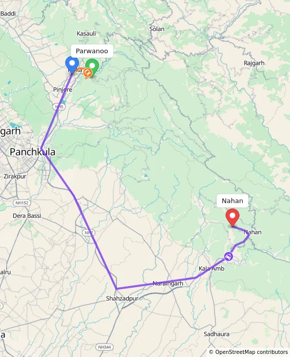 Route map showing distance and travel time from Parwanoo, India to Nahan, India