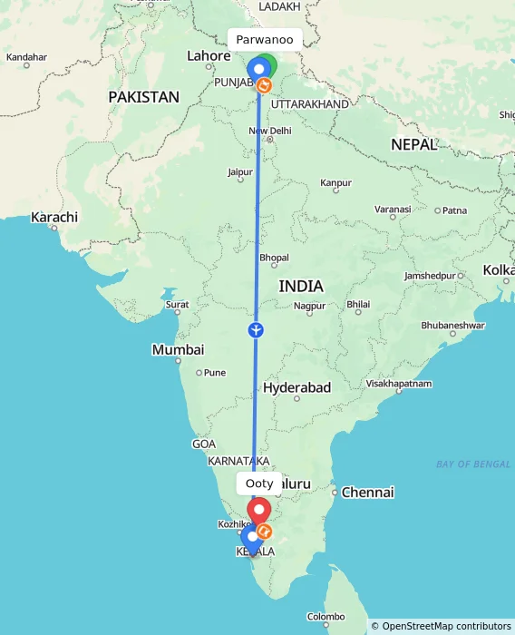 Route map showing distance and travel time from Parwanoo, India to Ooty, India