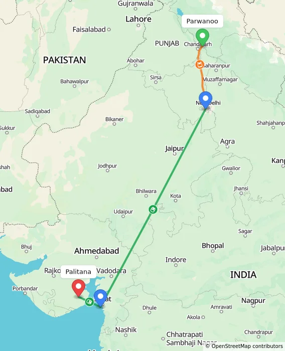 Route map showing distance and travel time from Parwanoo, India to Palitana, India