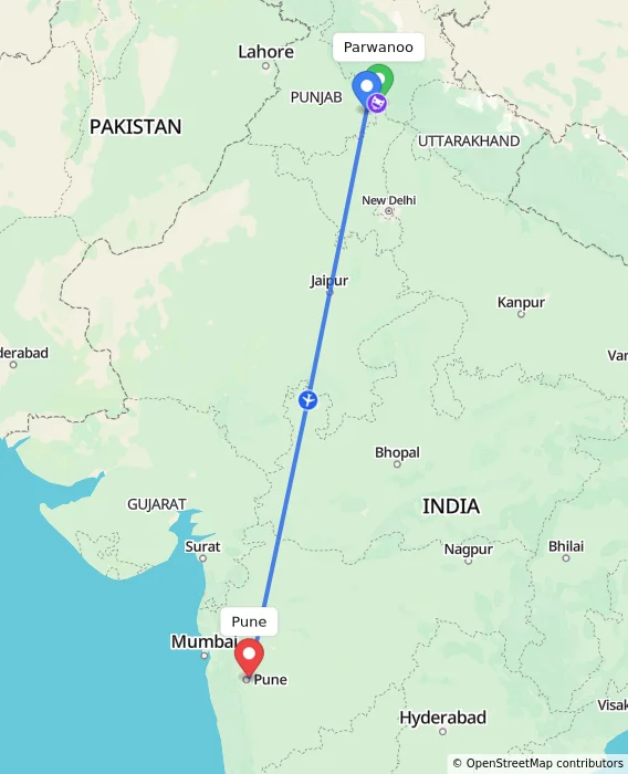 Route map showing distance and travel time from Parwanoo, India to Pune, India