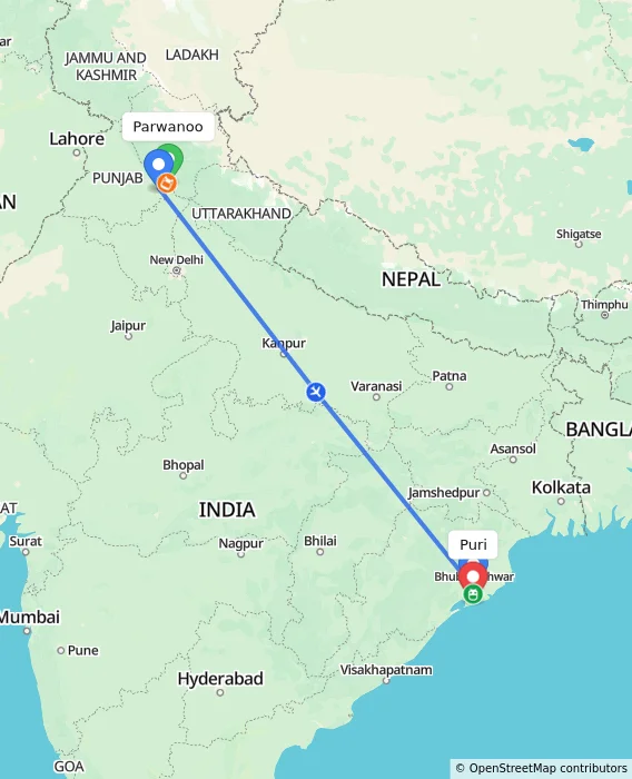 Route map showing distance and travel time from Parwanoo, India to Puri, India