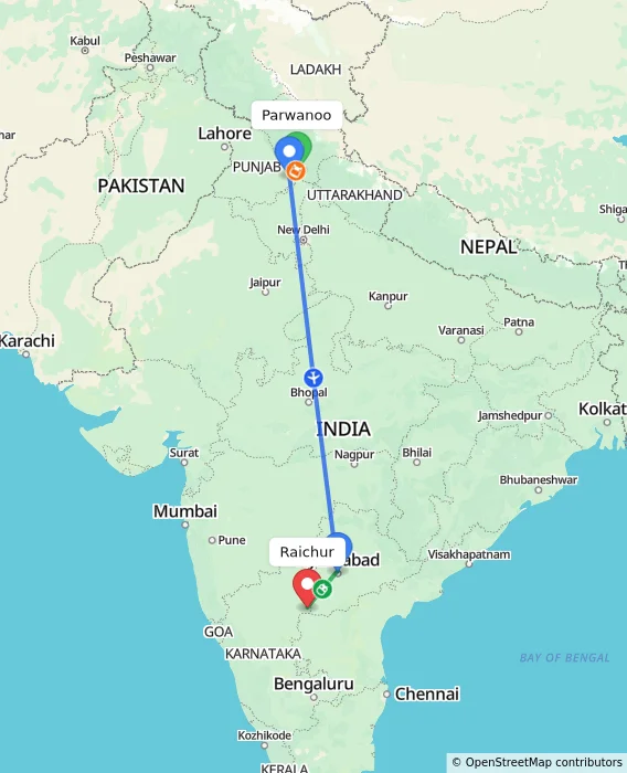 Route map showing distance and travel time from Parwanoo, India to Raichur, India