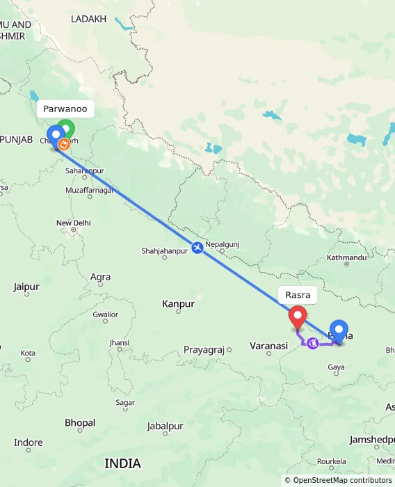 Route map showing distance and travel time from Parwanoo, India to Rasra, India