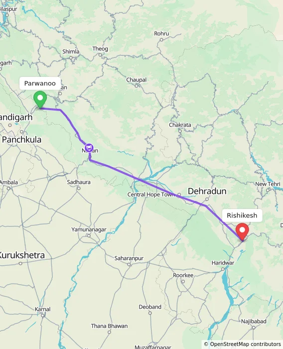 Route map showing distance and travel time from Parwanoo, India to Rishikesh, India