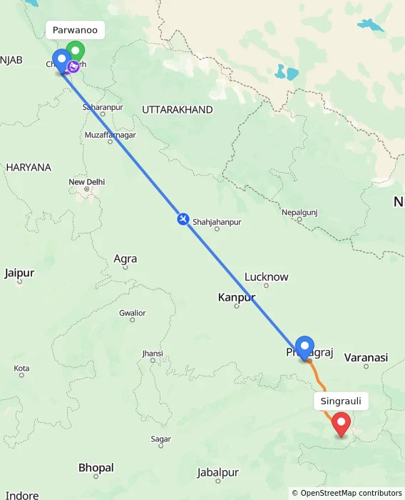 Route map showing distance and travel time from Parwanoo, India to Singrauli, India