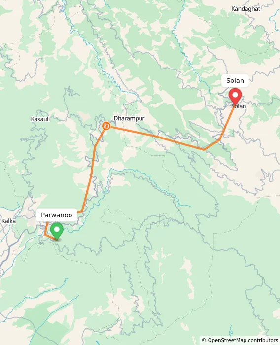 Route map showing distance and travel time from Parwanoo, India to Solan, India