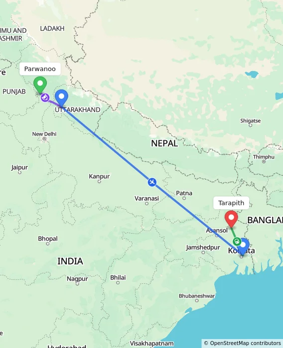 Route map showing distance and travel time from Parwanoo, India to Tarapith, India