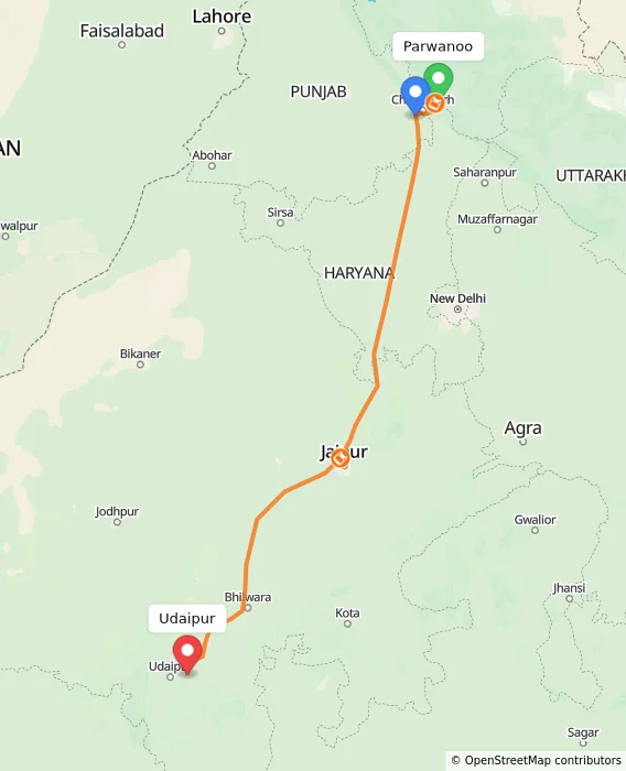 Route map showing distance and travel time from Parwanoo, India to Udaipur, India