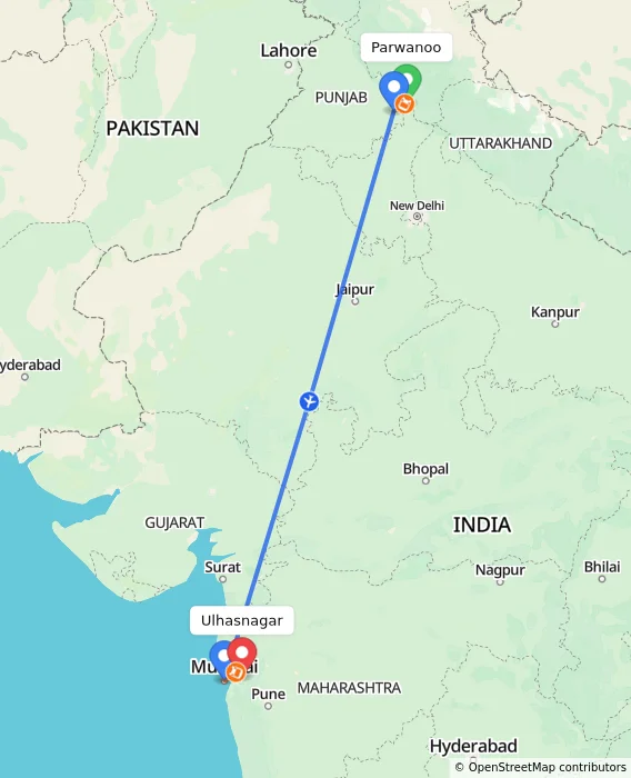 Route map showing distance and travel time from Parwanoo, India to Ulhasnagar, India