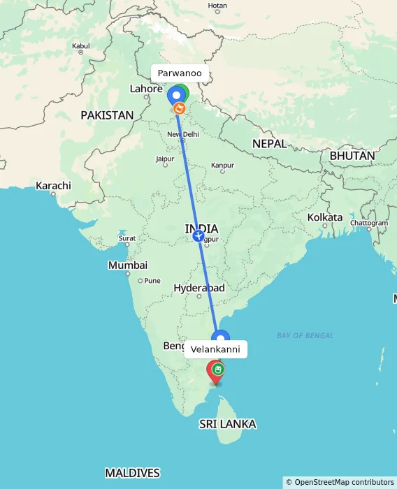Route map showing distance and travel time from Parwanoo, India to Velankanni, India