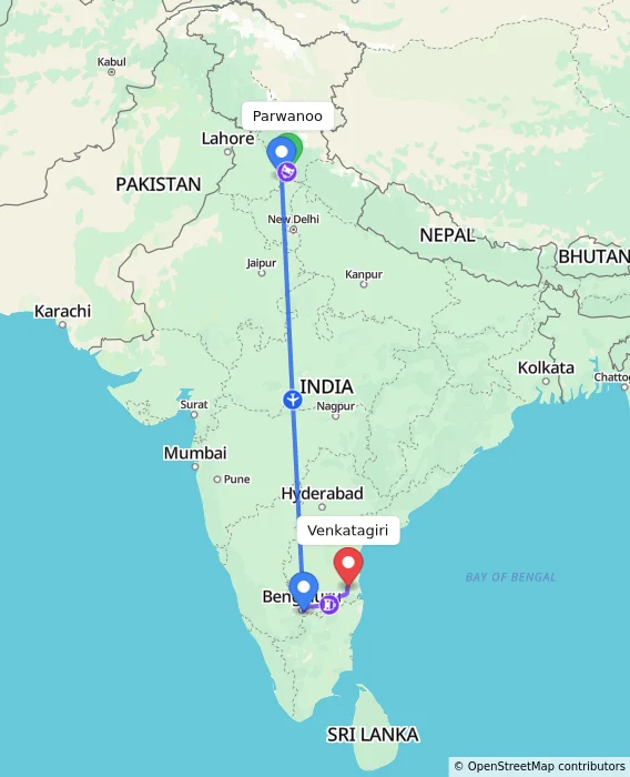 Route map showing distance and travel time from Parwanoo, India to Venkatagiri, India