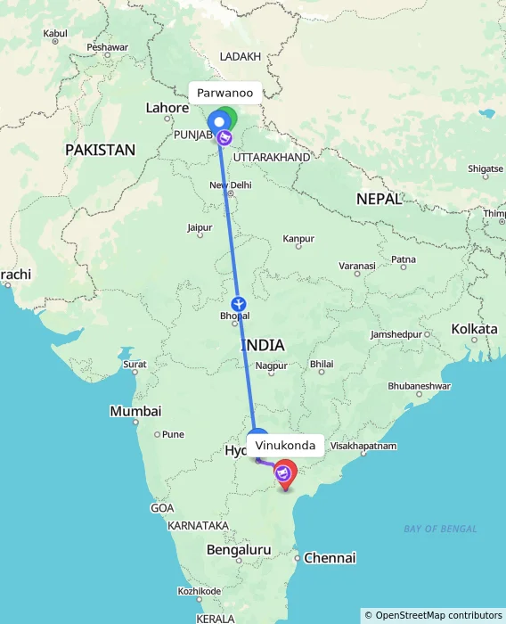 Route map showing distance and travel time from Parwanoo, India to Vinukonda, India