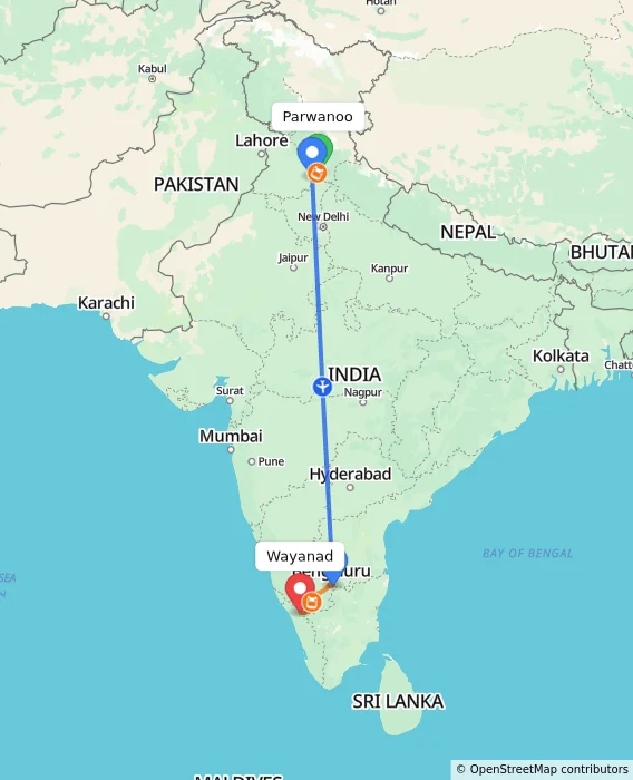 Route map showing distance and travel time from Parwanoo, India to Wayanad, India