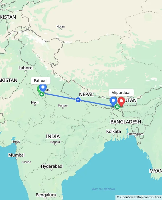 Route map showing distance and travel time from Pataudi, India to Alipurduar, India