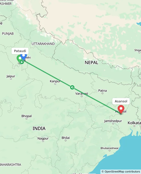 Route map showing distance and travel time from Pataudi, India to Asansol, India