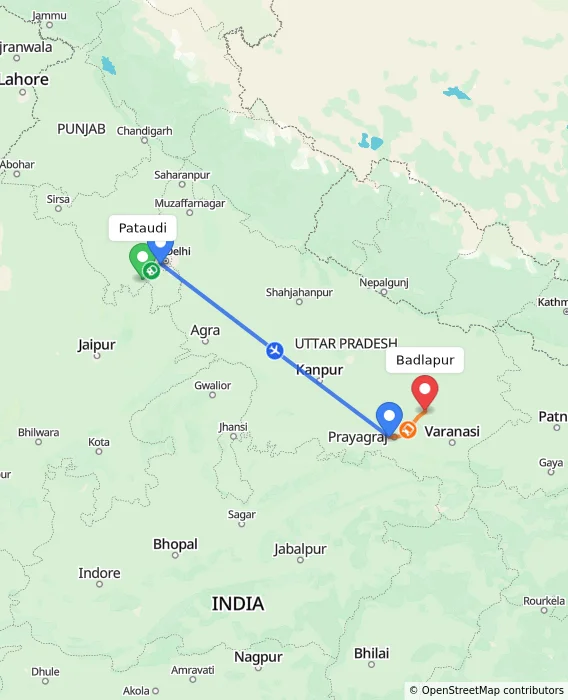 Route map showing distance and travel time from Pataudi, India to Badlapur, India