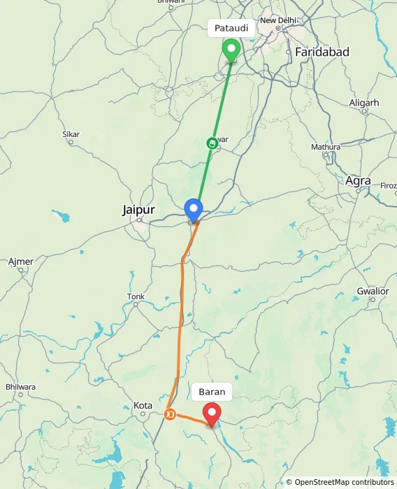 Route map showing distance and travel time from Pataudi, India to Baran, India