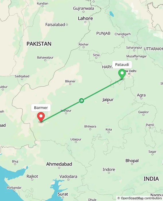 Route map showing distance and travel time from Pataudi, India to Barmer, India