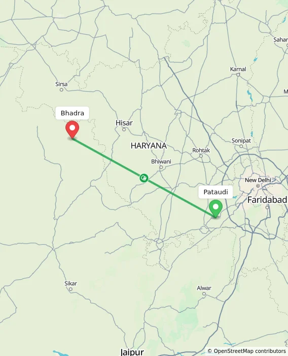 Route map showing distance and travel time from Pataudi, India to Bhadra, India