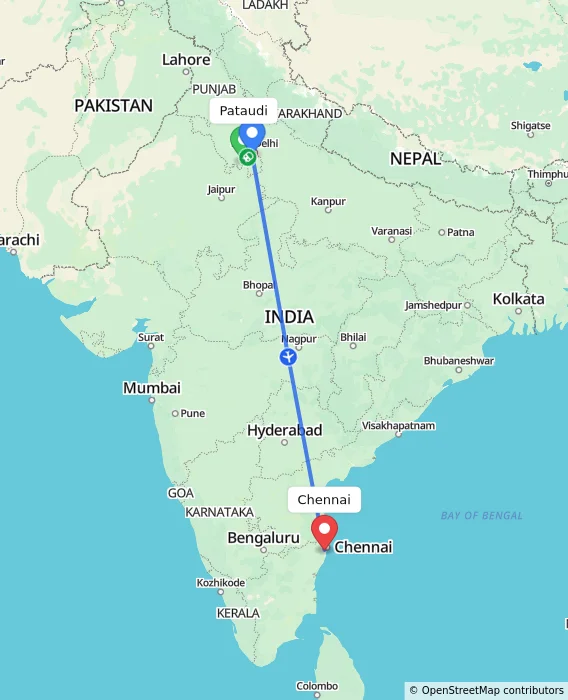Route map showing distance and travel time from Pataudi, India to Chennai, India