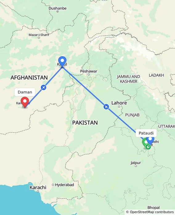 Route map showing distance and travel time from Pataudi, India to Daman, Afghanistan
