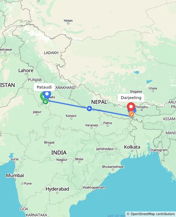 Route map showing distance and travel time from Pataudi, India to Darjeeling, India