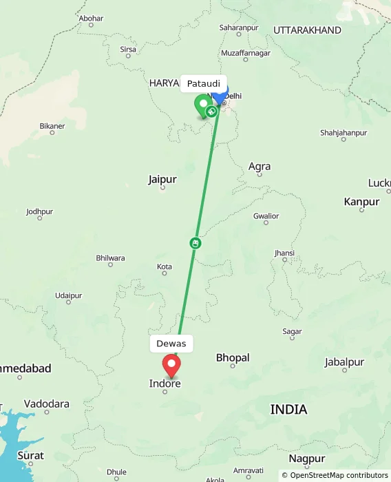 Route map showing distance and travel time from Pataudi, India to Dewas, India