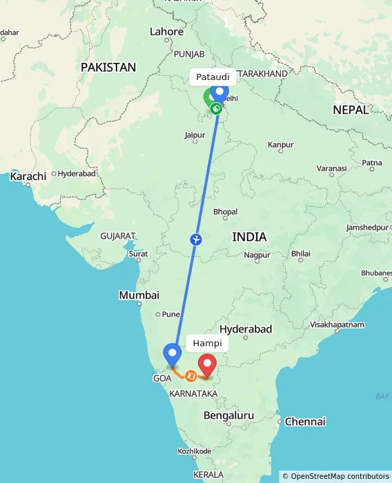 Route map showing distance and travel time from Pataudi, India to Hampi, India