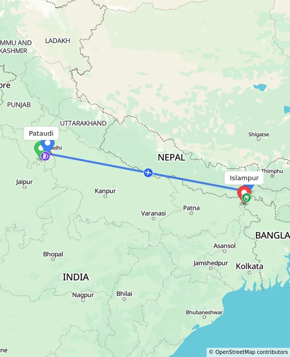 Route map showing distance and travel time from Pataudi, India to Islampur, India