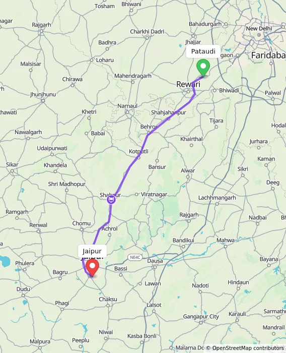 Route map showing distance and travel time from Pataudi, India to Jaipur, India